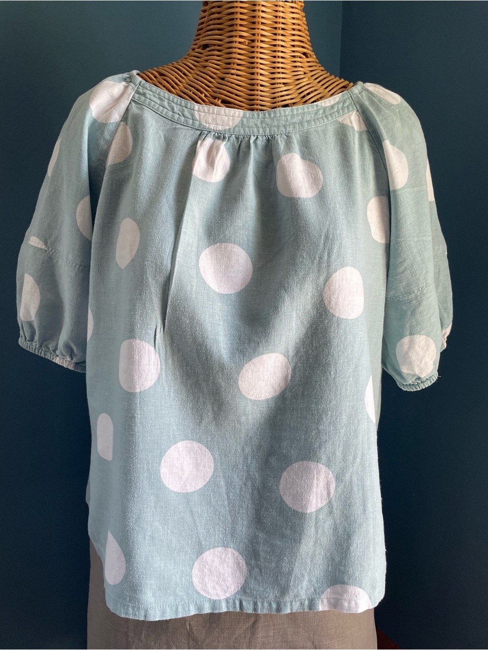 LOFT Linen Blend Polka Dot Top Green and White Petite Small Puff Sleeve